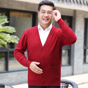 2024秋冬新款中老年男款V领纯色纽扣开衫图片