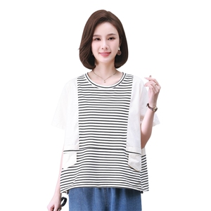 时尚宽松拼接条纹短袖T恤女夏季新款韩版百搭显瘦休闲上衣图片