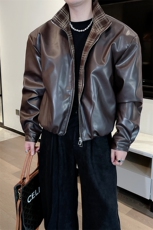 秋冬复古格子拼接加棉机车皮衣夹克棉外套男潮JK2377-P145档口图，男装夹克，电商B267