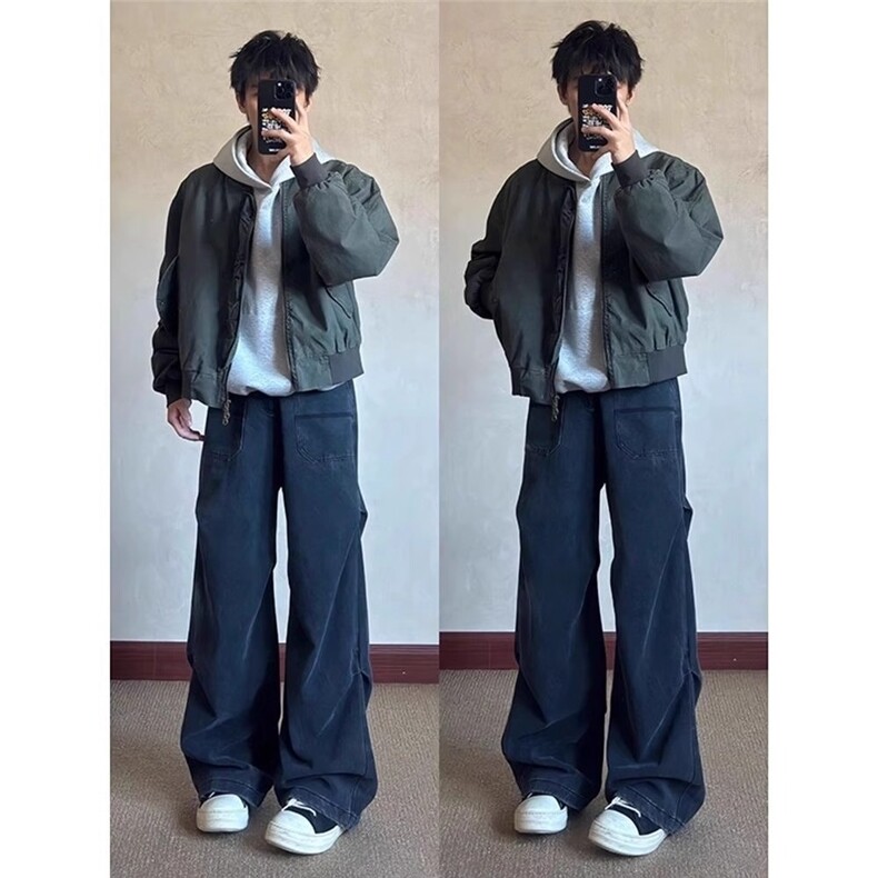 W10946-P53网图现货美式高街水洗做旧阔腿牛仔裤褶皱vibe拖地裤,男装牛仔裤,星座1608