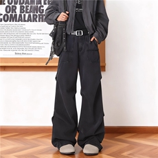 美式时尚个性高街做旧捏褶工装牛仔裤阔腿男女宽松长裤潮，男装牛仔裤，星座813-2