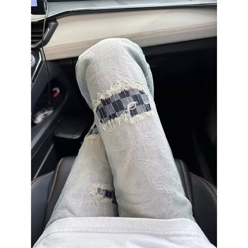 腰果花满印补丁破洞牛仔裤男潮牌痞帅炸街裤子cleanfit窄版直筒裤,男装牛仔裤,星座410-7