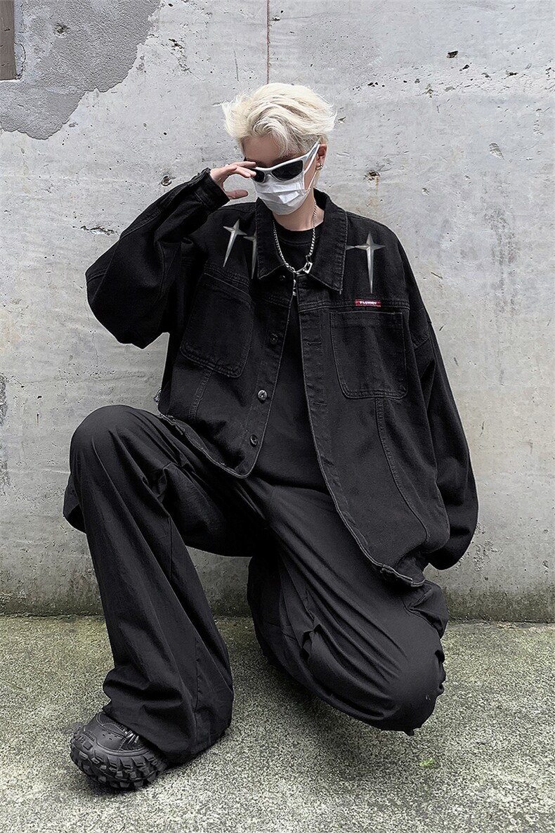 男装牛仔外套2026秋几何绣标印花男生翻领夹克XZ514-2-N100-P88,男装工装外套,星座514-2(原B239)