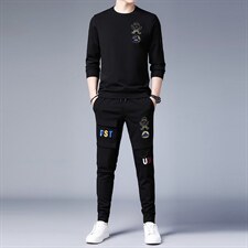 中青年男士秋季运动套装长袖圆领t恤两件套休闲印花纯色套装，男装休闲套装，电商B212（原钱塘6029）