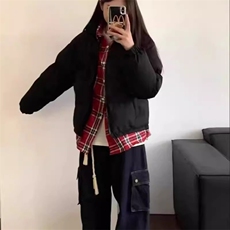 假两件格子衬衣棉服男女同款宽松加厚棉衣情侣开衫外，男装衬衫，星座506A