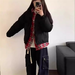 假两件格子衬衣棉服男女同款宽松加厚棉衣情侣开衫外图片