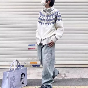 费尔岛圣诞拉链开衫毛衣慵懒风提花百搭新年针织毛衣外套图片