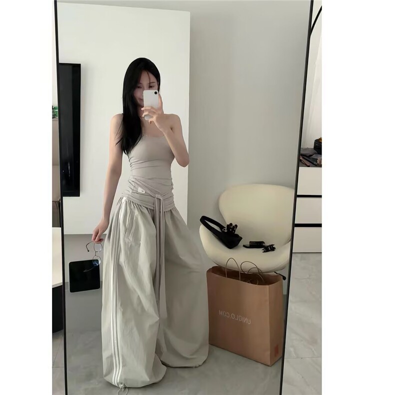 小萌日系美式低腰速干阔腿裤低腰双杠休闲运动裤男女宽松降落伞裤,女装休闲裤,星座506A