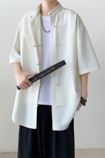 新中式男装夏季薄款冰丝衬衫短袖国风盘扣五分袖衬衣翻领唐装汉服，男装衬衫，电商A102-1