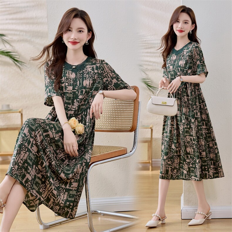新款腰节调节中长款中国梭织通勤中短袖涤纶版型套头腰2025，女装连衣裙，缘衣格