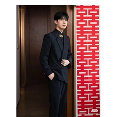 新中式男装黑色风立领盘扣刺绣暗扣长袖衬衫抗皱订婚西服套装，男装西服，星座601-1