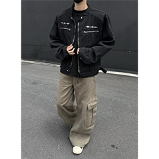 复古水洗垫肩短款拼接牛仔外套男女做旧设计感解析夹克潮，男装工装外套，四季星座505