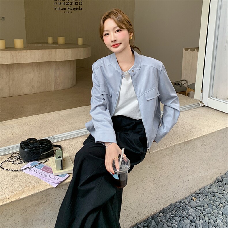 蓝色麂皮绒短外套女2025春季新款流行爆款超火减龄小个子机车夹克,女装短外套,2C301