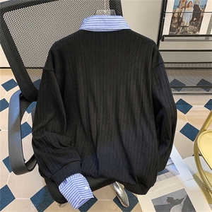 假两件V领针织拼接条纹撞色针织衫高级时髦痞帅毛衣MY0563-P70图片