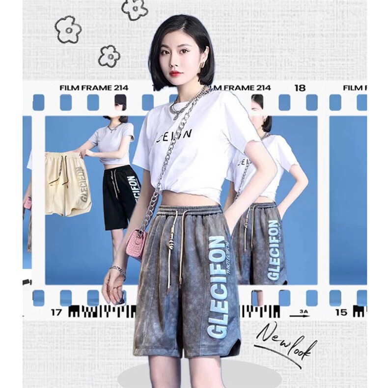 五分短裤女重磅300g字母发泡立体印花菠萝格外穿中裤-2408P22控48,男装牛仔裤,星座207