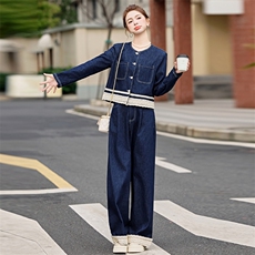 蕾丝拼接牛仔套装女2025春季新款穿搭时尚牛仔外套阔腿长裤两件套，女装套装/套裙，E百度