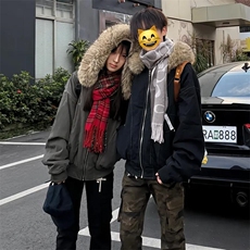 现货重磅boxy短款棉衣座山雕大毛毛领男女棉服水洗工装厚外套，男装棉衣，电商A486-1