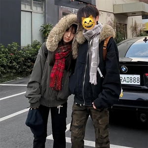 现货重磅boxy短款棉衣座山雕大毛毛领男女棉服水洗工装厚外套图片