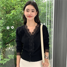 2025舒适百搭简约秋冬v领蕾丝长袖针织羊绒衫，女装羊绒衫，玛卡隆羊绒