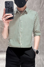 店主风社会小伙男士条纹痞帅七分袖衬衫男修身301A-1/CS422/P55，男装衬衫，星座301A-1