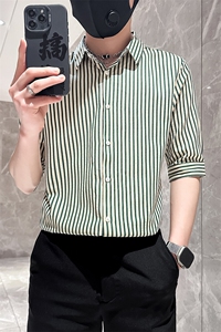 店主风社会小伙男士条纹痞帅七分袖衬衫男修身301A-1/CS422/P55图片