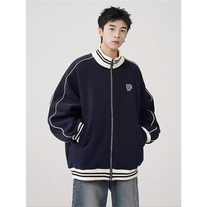 美式条纹棒球服男女春秋新款立领卫衣休闲加绒夹克外套GA1081 P62图片