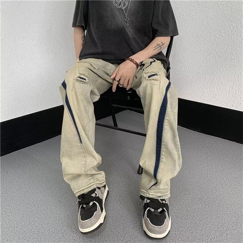 黄泥色牛仔裤男女潮牌痞帅美式破洞高街vibe直筒阔腿裤子TN03-P45,男装牛仔裤,星座1008-1