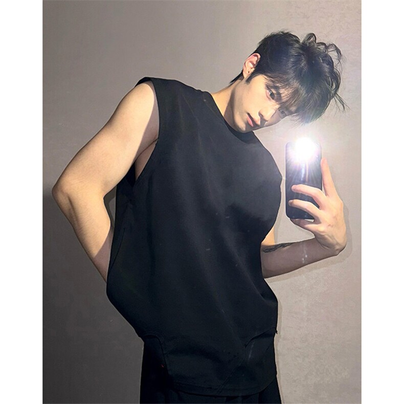 升级版冰感爽滑纯棉240克抖音得物二开宽松纯色坎肩无袖T恤背心，男装背心/马甲，电商A486