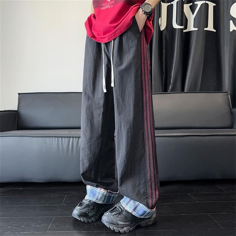冰丝三杠休闲裤男生格子卷边潮宽松阔腿裤夏薄款运动长裤MK75P40,女装休闲裤,星座1013-5