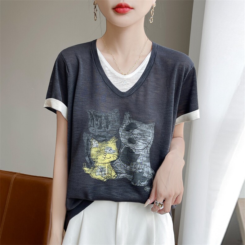 夏季竹节麻双V领假两件猫咪图案短袖女宽松百搭显瘦时尚休闲上衣,女装T恤,暖娇绒包芯纱店