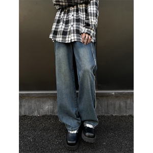 ~胖子加肥加大毛边牛仔裤男女新款拼接百搭阔腿直筒裤潮-N322图片