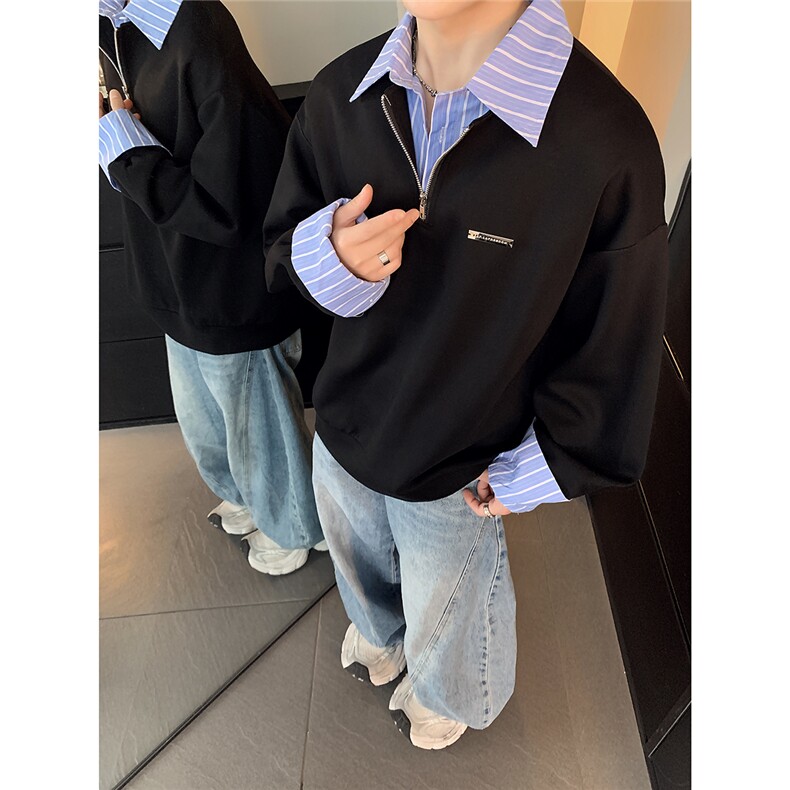 美式复古假两件衬衫男长袖撞色春秋内搭叠穿翻领休闲衬衣W100-P58，男装衬衫，电商C307