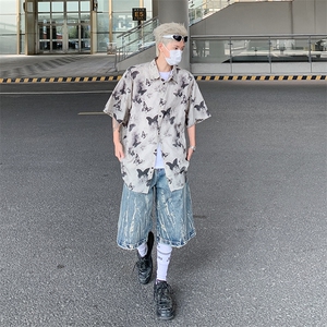 风小众设计蝴蝶短袖男女薄款宽松垂感复古水墨印花衬衣开衫外套图片
