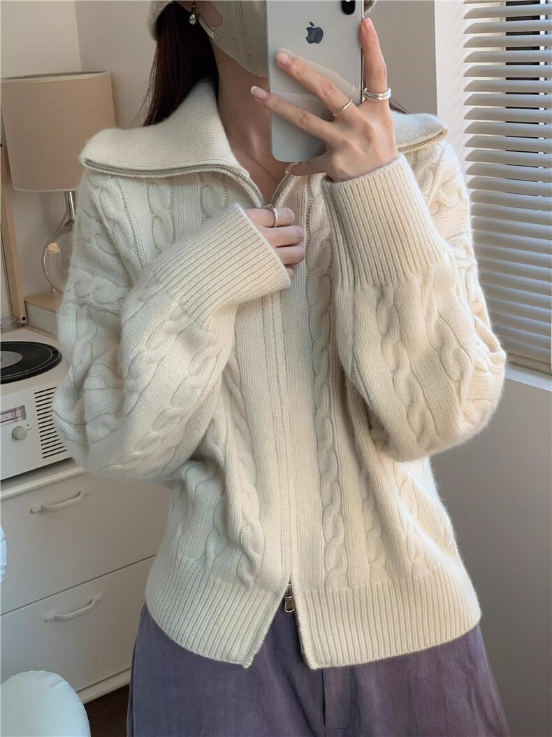 新款女装羊毛高领扭花拉链开衫百搭显瘦保暖针织衫时尚休闲外套，女装针织衫/毛衣，鑫之绒