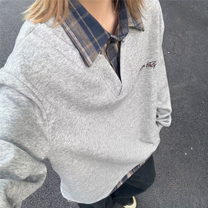 复古条纹翻领拼接假两件卫衣女秋冬2025新款宽松上衣潮WY35,男装卫衣,星座208-5