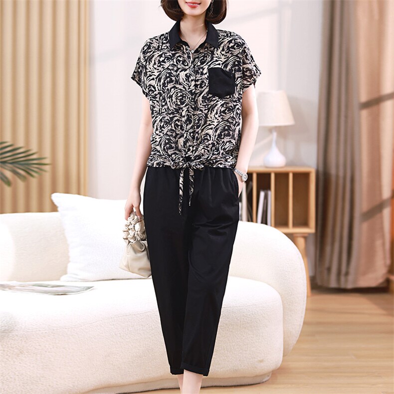 2023夏装新款衬衫领打结上衣两件套,女装套装/套裙,梦芯尔
