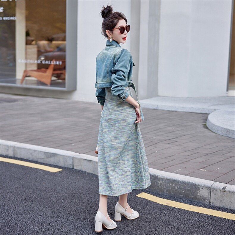 （现货）法式彩色条纹吊带连衣裙女春秋季牛仔短外套长裙气质两件，女装套装/套裙，印象茜