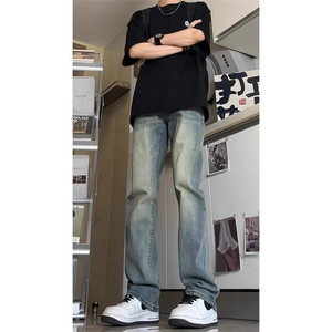 7717-P36复古蓝窄版修身牛仔裤男夏季vintage美式裤子显瘦微喇裤图片