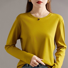 白色t恤女长袖高端丝光棉2024早春新款宽松圆领v正肩纯棉上衣内搭，女装T恤，元素羊绒