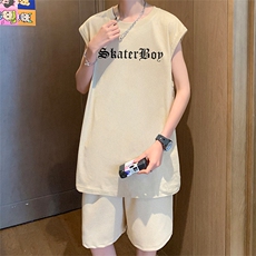 直播品质美式宽松纯棉背心无袖t恤短裤大码两件套套装TZ10-P58，男装T恤，电商A486