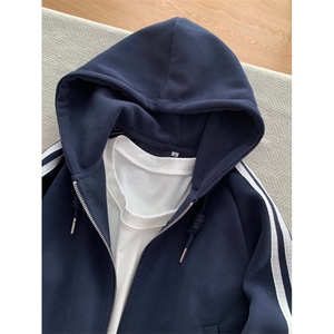 7536CC-特P55三杠条纹短款外套男女早秋连帽开衫卫衣