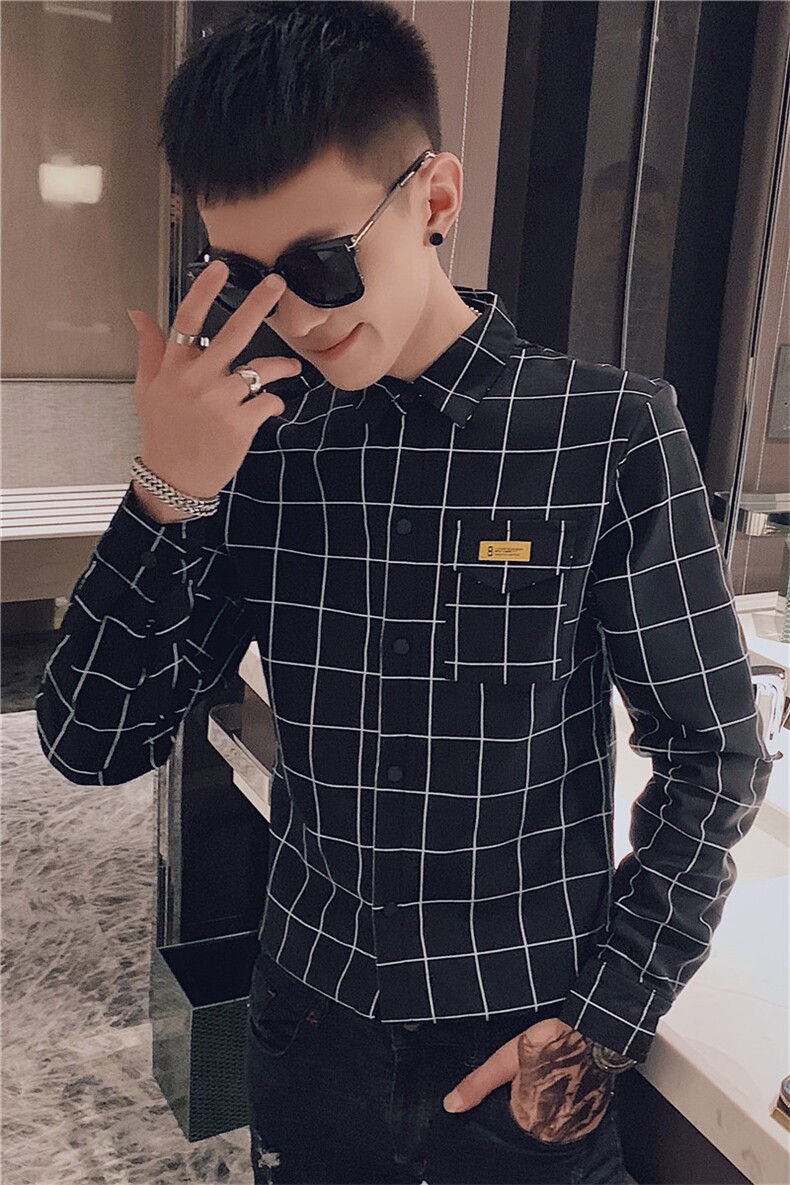 秋季格子弹力长袖衬衫社会精神小伙潮男帅气衬衣C301B-CS10特,男装衬衫,电商C301B