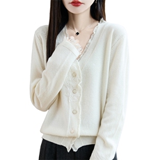100%美丽诺纯羊毛开衫女V领流苏蕾丝绣花针织毛衣宽松羊绒衫外套，女装针织衫/毛衣，忠诺羊绒