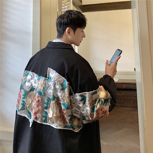 港风休闲宽松刺绣潮拼接翻领工装大码M-5XL夹克男7568P85控118图片