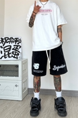 港风纯棉320G重磅水洗做旧印花短裤A014-DY2371-P50控68，男装牛仔裤，电商A014