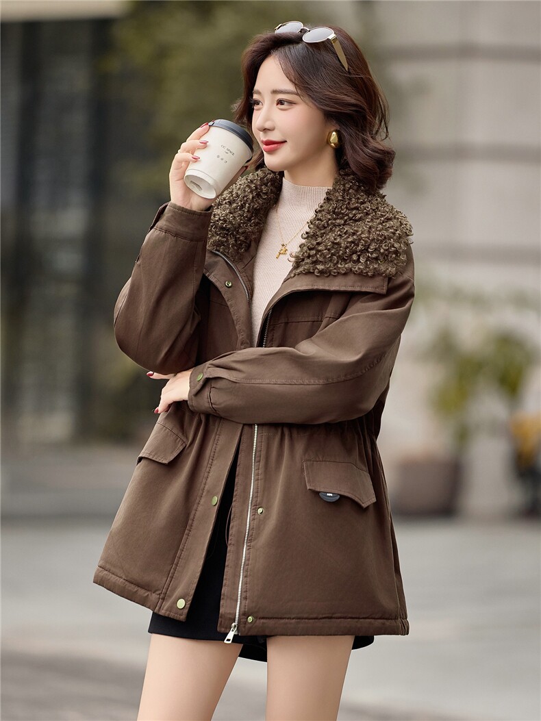 咖色羊羔毛翻领加绒派克服女2025冬季中长款加厚保暖收腰棉服外套,女装短外套,E百度