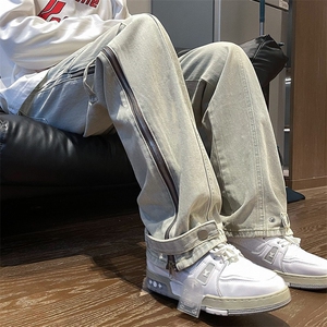做旧牛仔裤男美式复古高街潮牌拉链开叉宽松休闲直筒裤N88033-p60图片
