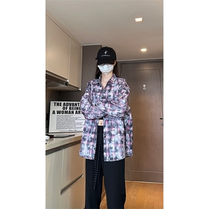 现货早秋高街做旧紫格子长袖衬衫女扎染衬衣外套男C18-P50-控78
