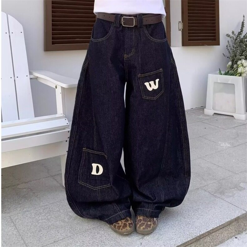 大码美式复古弯刀牛仔裤男女设计感春季新款宽松百搭阔腿垂感裤，女装牛仔裤，星座506A