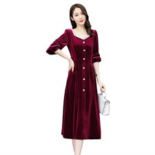 2021春季新款潮流时尚优雅单排扣修身金丝绒连衣裙，女装连衣裙，贵人树